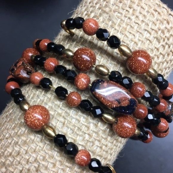 Memory Wire Wraparound Bracelet Faceted Black Sparkly Red Brown Gold BoHo Retro - Picture 2 of 4